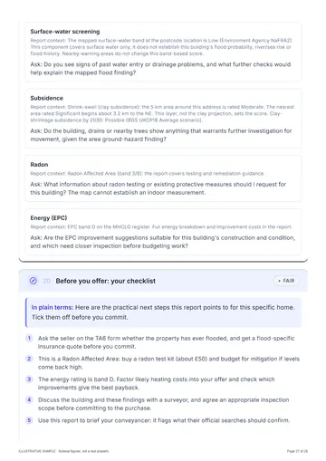 Page 27 of the illustrative sample report: questions to put to your surveyor, written from what the report found and what it could not check