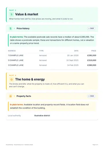 Page 4 of the illustrative sample report: the value and market section, with recorded sales for fictional neighbouring homes