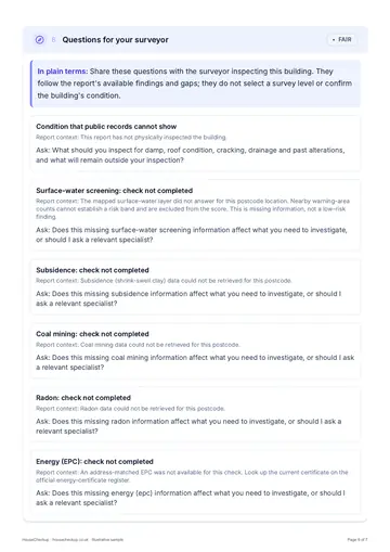 Page 6 of the illustrative sample report: questions to put to your surveyor, written from what the report found and what it could not check